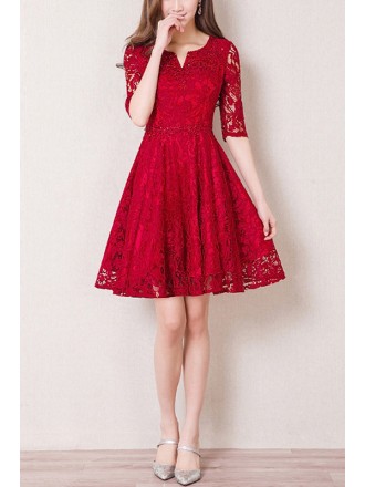 Sequined Lace Aline Red Homecoming Dress With Half Sleeves