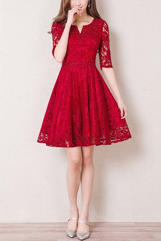 Sequined Lace Aline Red Homecoming Dress With Half Sleeves #J1766 ...