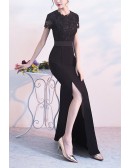 Formal Long Black Evening Dress Split Front With Short Sleeves