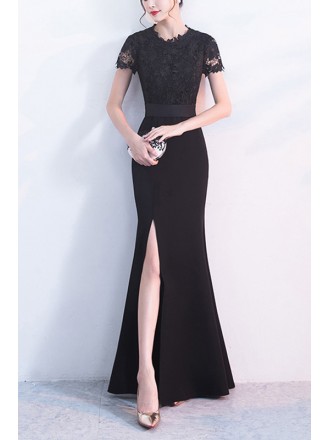 Formal Long Black Evening Dress Split Front With Short Sleeves