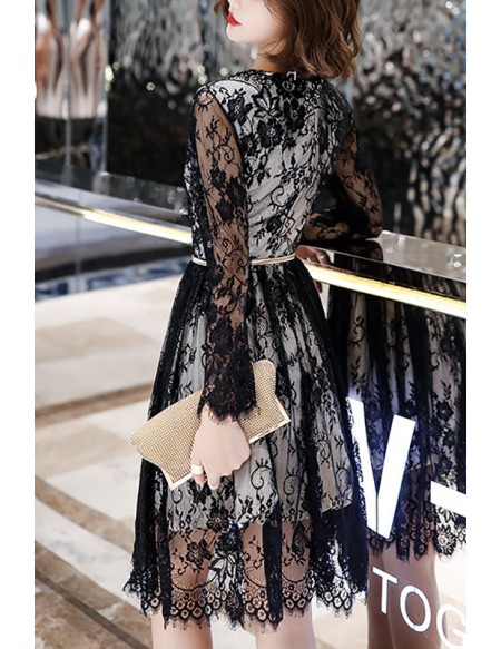 Sexy Black Lace Homecoming Party Dress With Long Sleeves