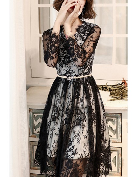 Sexy Black Lace Homecoming Party Dress With Long Sleeves