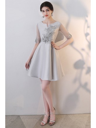 Gorgeous Silver Short Party Dress With Embroidered Sheer Sleeves