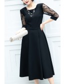 Women Midi Black Semi Party Dress With Lace Sleeves