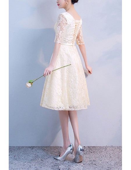Champagne Vneck Lace Knee Length Party Dress With Sleeves