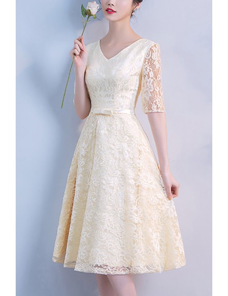 Champagne Vneck Lace Knee Length Party Dress With Sleeves