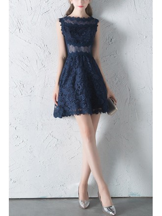 Navy Blue Lace Short Homecoming Dress Sleeveless