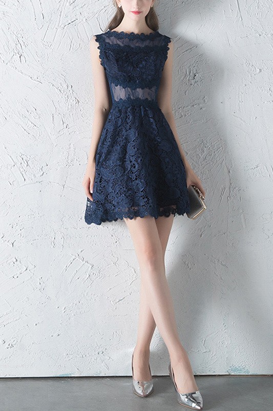 Lace Homecoming Dress Simple Sleeveless Short Party Dresses Navy Blue Prom Dress main image 0