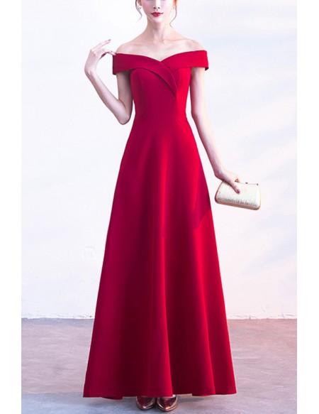 Simple Aline Long Red Party Dress With Off Shouler