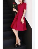 Burgundy Knee Length Semi Formal Dress With Sleeves