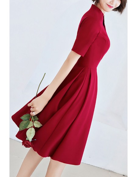 Burgundy Knee Length Semi Formal Dress With Sleeves