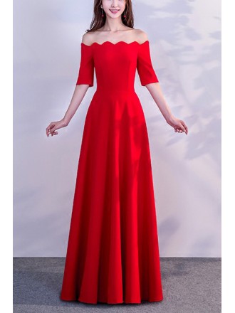Simple Long Red Modest Evening Dress With Sleeves