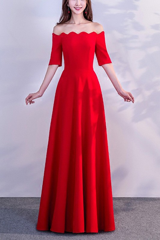 Simple Long Red Modest Evening Dress With Sleeves #J1752 - GemGrace.com