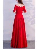 Simple Long Red Modest Evening Dress With Sleeves