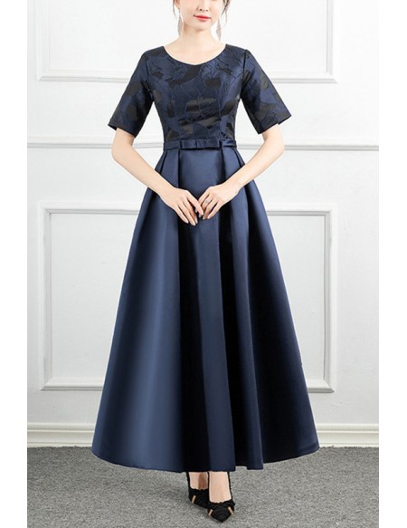 Modest Pleated Tea Length Women Party Dress With Short Sleeves