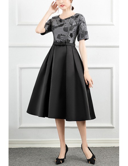 Modest Pleated Tea Length Women Party Dress With Short Sleeves