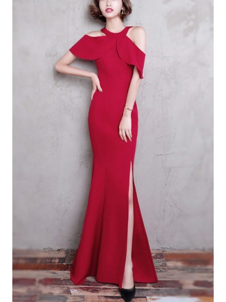 Long Halter Burgundy Party Dress Mermaid With Split Front