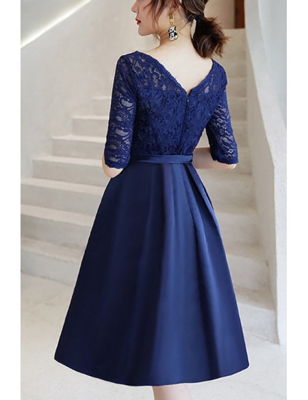 Satin With Lace Navy Wedding Party Dress With Sash