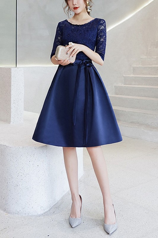 Satin With Lace Navy Wedding Party Dress With Sash #J1621 - GemGrace.com