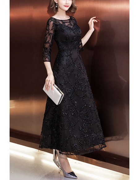 Modest Black Lace Ankle Length Homecoming Dress With Sheer Sleeves