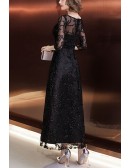 Modest Black Lace Ankle Length Homecoming Dress With Sheer Sleeves