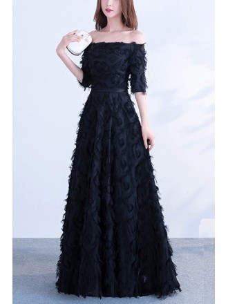 Long Black Off Shoulder Evening Party Dress With Sleeves