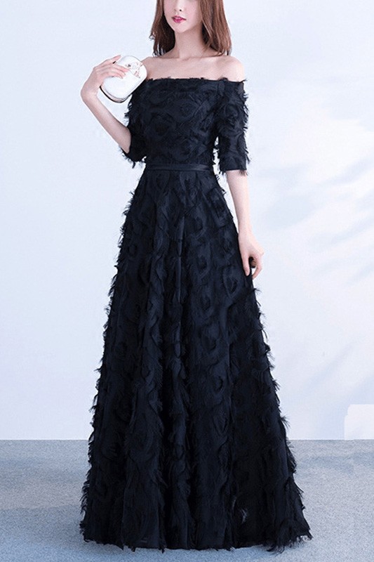 Long Black Off Shoulder Evening Party Dress With Sleeves #J1751 ...