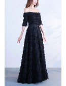 Long Black Off Shoulder Evening Party Dress With Sleeves