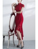 Sheath Bodycon Lace High Low Party Dress With Cap Sleeves