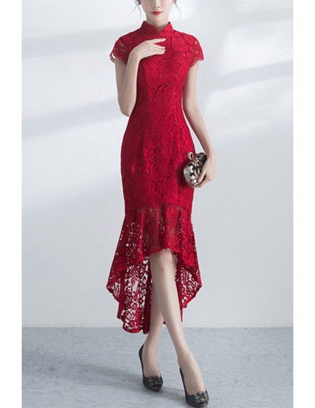 Sheath Bodycon Lace High Low Party Dress With Cap Sleeves