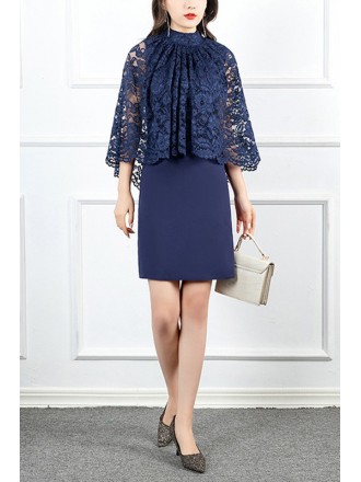 Navy Blue Sheath Short Cocktail Dress With Lace Cape