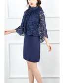 Navy Blue Sheath Short Cocktail Dress With Lace Cape