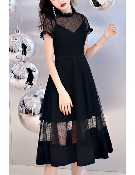 Special Polka Dot Tulle Black Homecoming Party Dress With Sheer Neckline