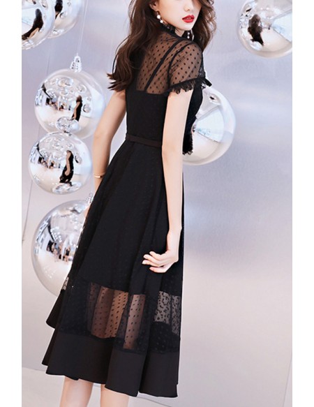 Special Polka Dot Tulle Black Homecoming Party Dress With Sheer Neckline