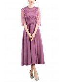 Tea Length Elegant Party Dress With Lace Sheer Sleeves