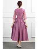 Tea Length Elegant Party Dress With Lace Sheer Sleeves