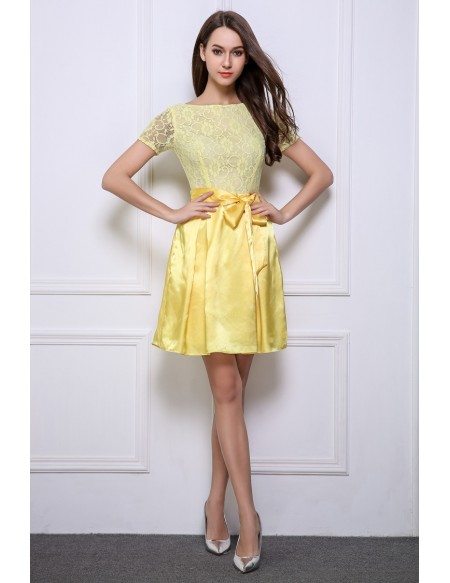 Lovely A-Line Lace Satin Short Homecoming Dress With Sleeves