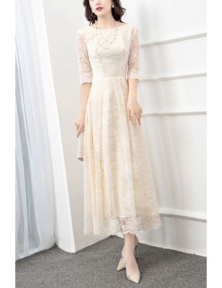 Comfy Tea Length Lace Wedding Party Dress With Half Sleeves