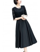 Black Tea Length Satin Modest Homecoming Dress With Lace Sleeves