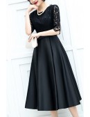Black Tea Length Satin Modest Homecoming Dress With Lace Sleeves