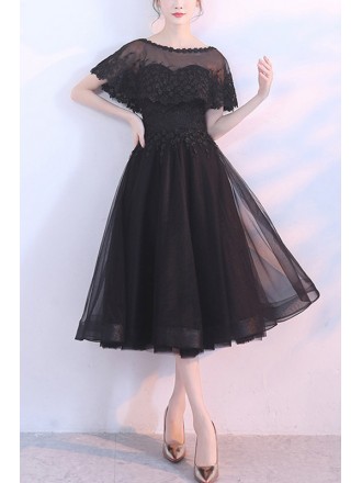 Tea Length Black Tulle Homecoming Dress With Lace Cape Sleeves