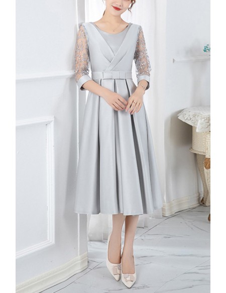 Pleated Elegant Knee Length Wedding Party Dress With Illusion Sleeves