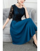 Elegant Tea Length Natural Waist Semi Formal Dress With Lace Sleeves