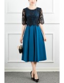 Elegant Tea Length Natural Waist Semi Formal Dress With Lace Sleeves