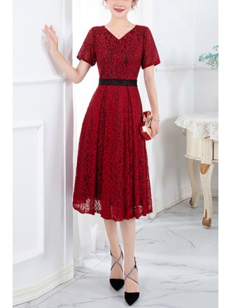 Modest Vneck Lace Knee Length Wedding Party Dress With Sleeves