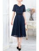Modest Vneck Lace Knee Length Wedding Party Dress With Sleeves