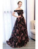 Beautiful Off Shoulder Long Black Prom Dress With Floral Prints