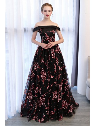 Beautiful Off Shoulder Long Black Prom Dress With Floral Prints