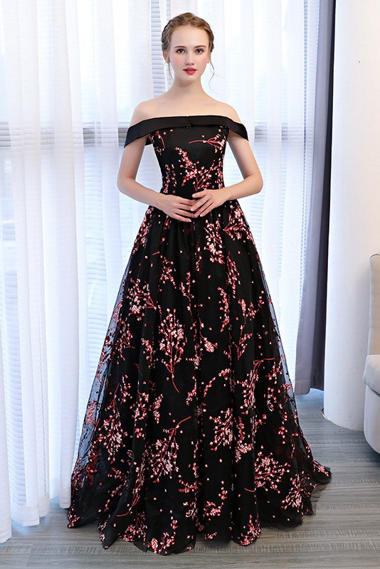 Black Floral Printed Shoulder Strip Long dress