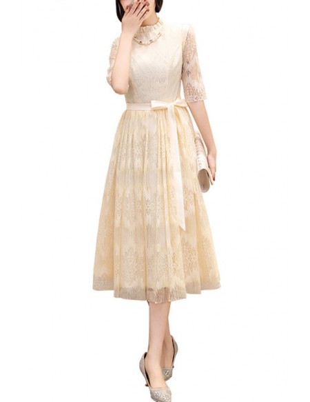 Elegant Lace Semi Wedding Party Dress With Half Sleeves